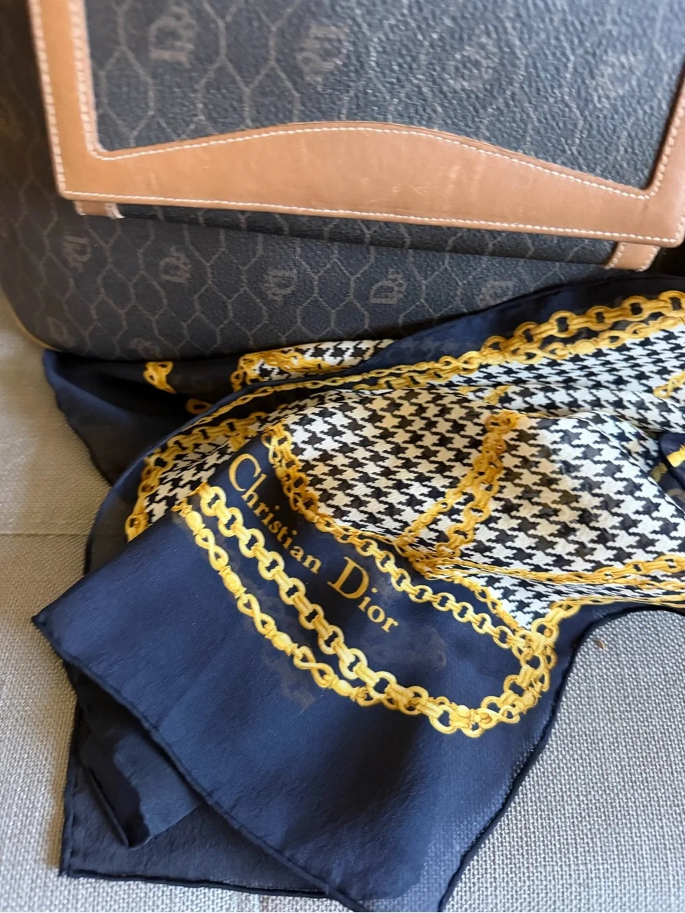 Dior Black Honeycomb & Tan Leather Vintage Tote, Long Wallet, Pouch & Scarf Set! - Picture 3 of 16